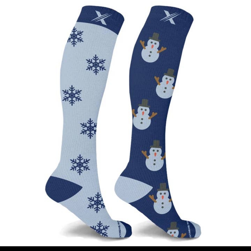 Mismatched snowman compression socks